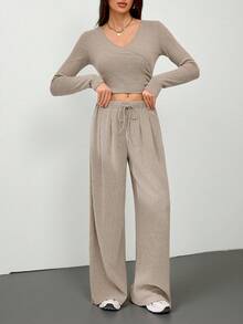 SHEIN Tall Khaki Casual Ribbed Long Sleeve T-Shirt And Pants Set Two Piece Set Women Comfy Comfortable Two Piece Set - Khaki - View 4