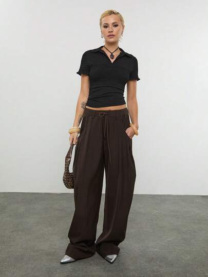 COUREZ 短袖褶皱Polo衫 / Y2K风格春季女装 黑色上衣 春假穿搭 夏季服装 夏季外出穿搭