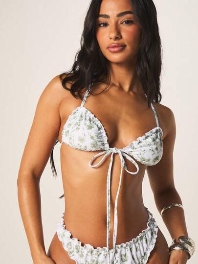 MISSGUIDED Women's Floral Frill Lettuce Edge Halter Bikini Top With Ruched Detail And Tie Closure Summer Beach Swimwear