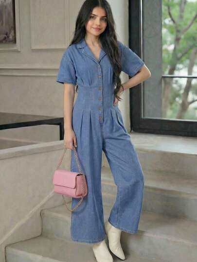 SHEIN Teen Girls Lapel Short-Sleeved Solid Color Button Denim Jumpsuit, Elegant & Stylish, & Cool,Teen Girls Casual Two Pieces,Unity Striped Print Backless Button Up Casual Sleeveless Jumpsuit Fall Cloth For Women,Casual Jumpsuits For Women, Holiday Outfits For Women,Summer Holiday Outfits,Girls Spring Clothes Outfits,Valentines Day Outfit