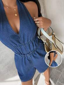 Sunnyshic Bộ jumpsuit denim wash cổ chữ V buộc dây thời trang - Rửa trung bình - Xem 7