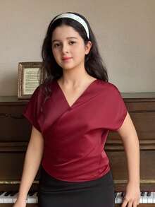 Dazy Kids Tween Girls V-Neck Short Sleeve Shirt Summer - Burgundy - View 6