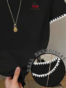 Resyla 大码女式字母樱桃印花圆领短袖休闲百搭T恤 - 黑色 - 查看 4