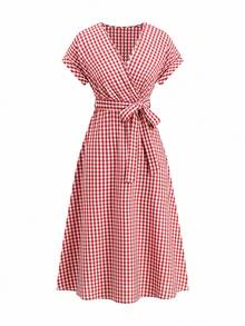 SHEIN Clasi V领交叉腰带纯色短袖中长女装 - 紅色 - 查看 7