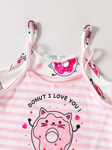 SHEIN GraphicGems Bộ đồ ngủ 2 món cho bé gái, màu trắng và hồng, thoải mái, ngọt ngào, dễ thương, in hình thỏ, áo hai dây dệt kim, váy mặc nhà. - Nhiều màu - Xem 4