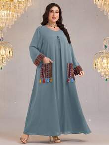 Al Najma Plus Size Women Floral Patchwork Pocket Tassel Design Loose Casual Dress - Blue - View 8