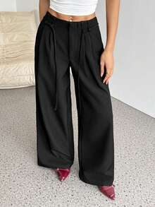 SHEIN PETITE 春夏女装浪漫/舞会/正式/生日/90年代/商务休闲/优雅/西式/外出/时尚/休闲/千禧年/夜店/办公室/鸡尾酒会/复古/紧身/锐舞音乐节/趣味/优雅/老钱/街头风/度假/乡村音乐会/工作/端庄/春假/单身派对/演唱会/酷炫/基础款/毕业/低腰/宽松/阔腿裤 - 黑色 - 查看 9