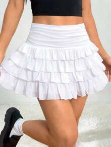 Chân váy xếp tầng bồng bềnh thanh lịch, màu trắng, phong cách cô gái ngọt ngào thời kỳ Y2K. - trắng - Xem 3