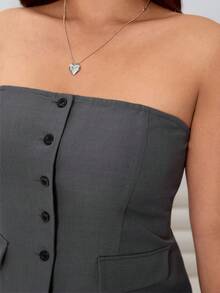 Solflare 大码女式纯色单排扣吊带背心套装，春夏款 - 灰色 - 查看 7