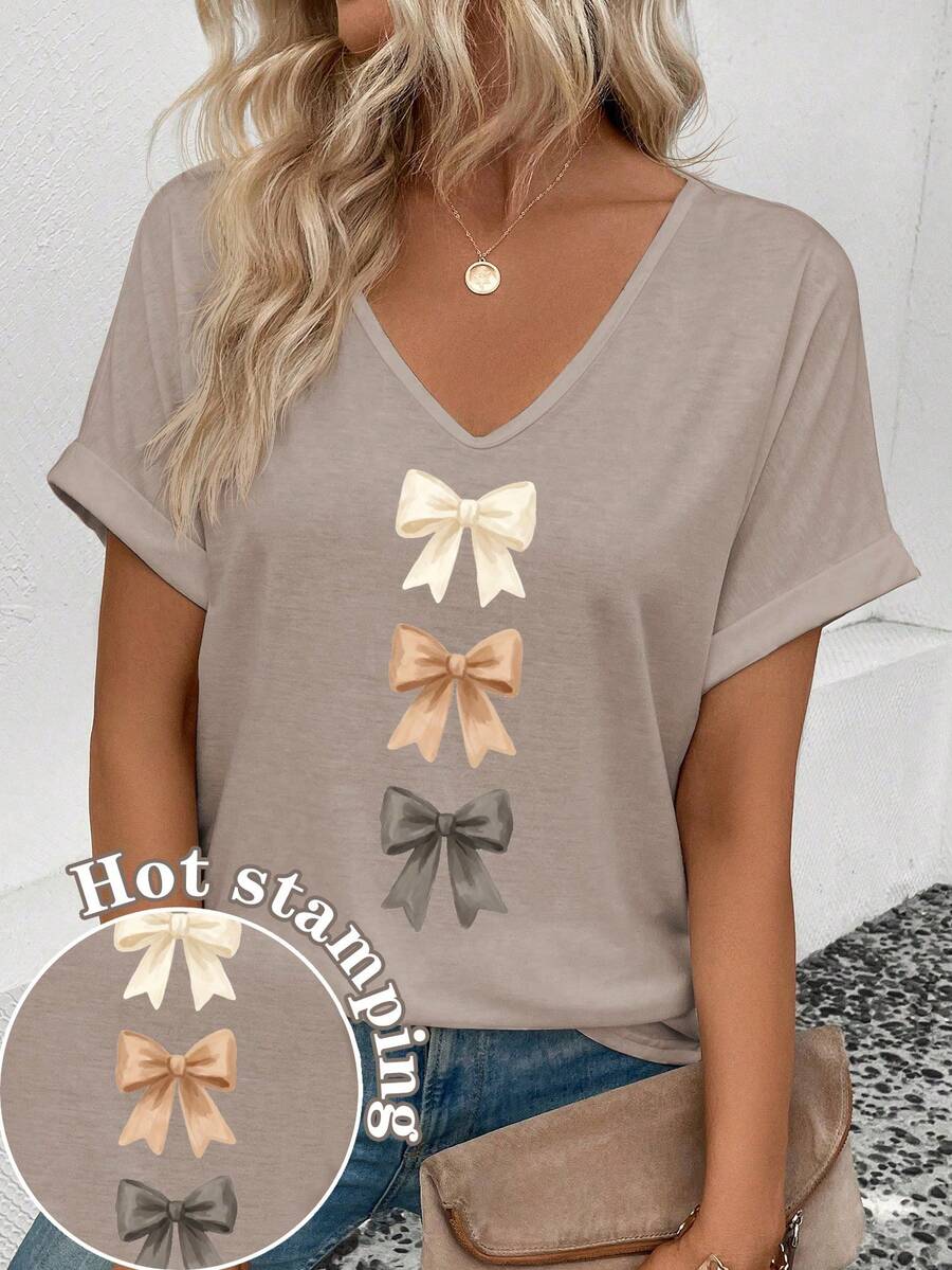 EMERY ROSE Nueva llegada Camiseta de manga larga con cuello en V, patrón de lazo degradado para mujer, caliente para otoño/invierno - Caqui - Ver 1