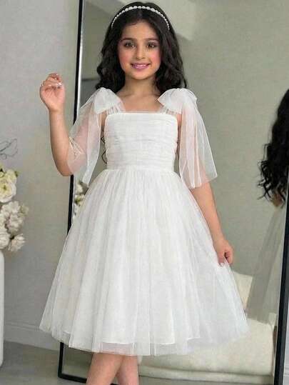 Pitira Tween Girls White Solid Color Spaghetti Strap Backless Bow Tie Waist Flared Skirt Party Dress, Princess Dress, Suitable For Flower Girl, Wedding Season, Valentine's Day, Parties, Birthday, Chinese New Year