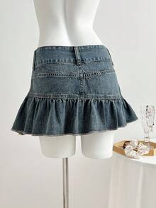 Elamini Women's Fashion Denim Skirt With Pockets And Ruffle Hem - Medium Wash - View 2