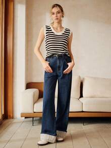 Anewsta Women's Elegant Patchwork Plaid Romantic Party Casual Vacation Blue Straight Leg Cuffed Jeans, Spring/Summer - Blue - View 6