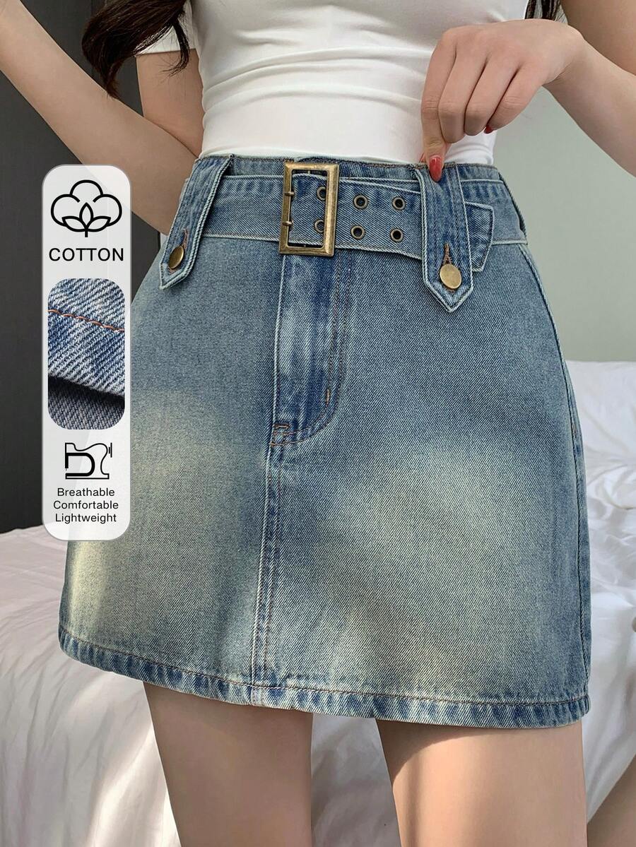 DAZY 女士休闲水洗腰带牛仔A字裙，春夏款 - 中等水洗藍 - 查看 1