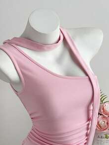 Elamini Vestido mini elástico con cuello de cowl, hombros descubiertos, cintura fruncida y bajo acampanado, estilo Y2K sexy - Rosa - Ver 4