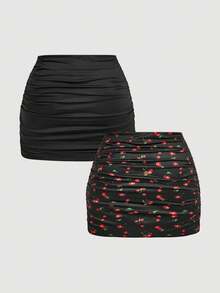 SHEIN MOD Plus Size 2pcs Women's Casual Minimalist Ruched Bodycon Mini Skirt Set,Halloween Costumes,Vacation Outfits Women,2000s Clothes, Costume - Multicolor - View 3