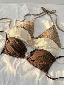 GlowEve Spring/Summer Women Bikini Top, Textured Bandeau Top, Multi-Piece Set For Beach Vacation, Brown Textured Fabric Triangle Cup Tie-Up Bandeau Top, Apricot Textured Fabric Star Metal Design Bandeau Top, Dark Brown Textured Fabric Metal Buckle Design Bandeau Top - Multicolor - View 1
