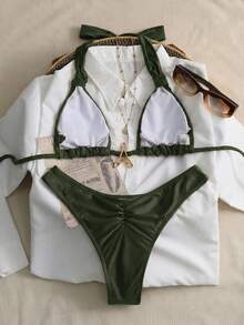 Swim Chiccia 女士两件套浪漫复古性感优雅沙滩装，采用粗肩带、褶皱设计，咖啡棕色系，女士比基尼泳装度假套装，女士比基尼泳衣套装，女士沙滩装，女士泳装比基尼套装，女士度假套装，女士泳衣套装，女士比基尼套装，女士泳装，女士沙滩装，女士比基尼套装，女士比基尼套装（含罩衫） - 軍綠色 - 查看 2