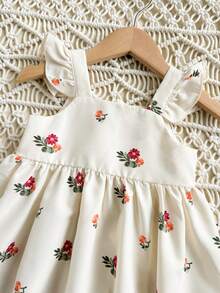 女婴可爱碎花荷叶边休闲连衣裙，杏色 - 卡其色 - 查看 6