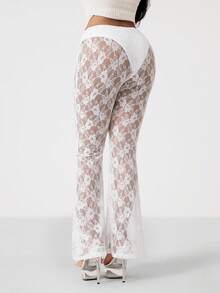 Vadaroq Women's Spring/Summer Streetwear Going Out Vacation Vintage Chic Lace Western Wear Mid Rise White Flare Pants - White - View 5