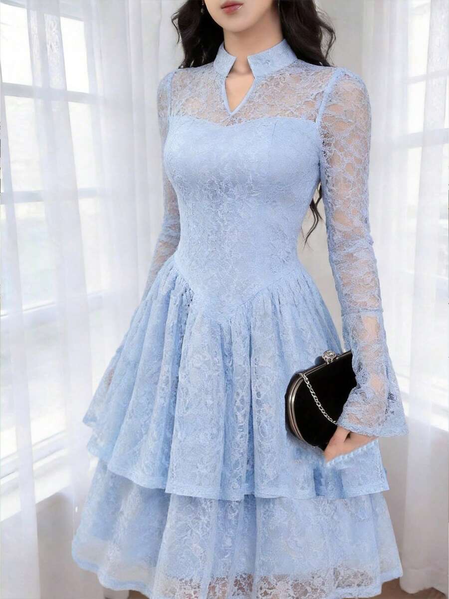 Feyla Women's V-Neck Long Sleeve Ruffle Hem Elegant Lace Mid-Length Dress - Baby Blue - View 1