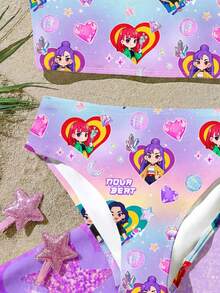 卡通女孩，亮紫色，卡通女孩团体泳装印花图案，少女休闲简约吊带背心和三角比基尼泳装套装，适合夏季穿着 - 彩色 - 查看 3