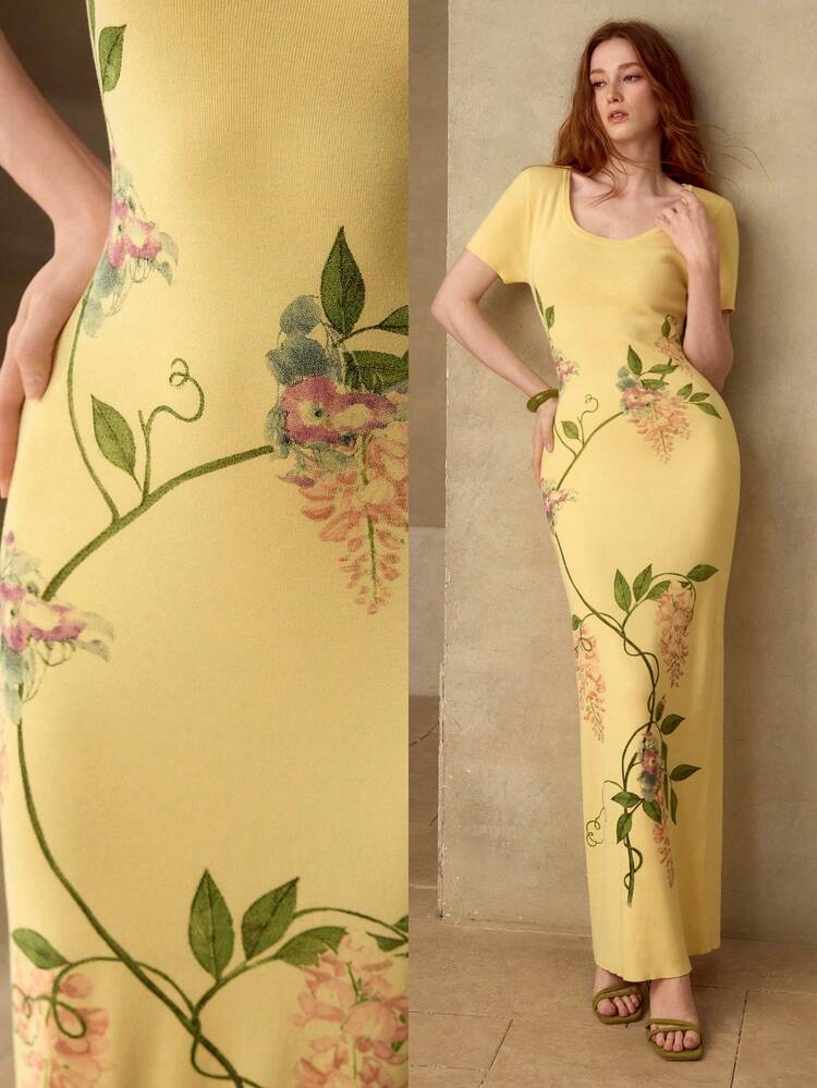 ELEGANT FITTED FLORAL PRINT KNIT DRESS, SPRING/SUMMER