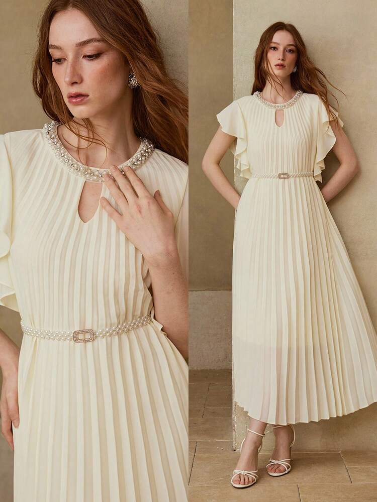 WOMEN'S ELEGANT DATE PLEATED RHINESTONE TRIM PLEATED HEM SHORT SLEEVE DRESS, SPRING/SUMMER