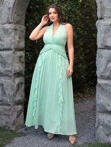 VOLUPTÉ CURVE Plus Size Women's Spring/Summer Green Floor Length Dress Halter V-Neck Ruffle, Elegant Beach Vacation Birthday Party Wedding Guest Dress Women - Green - View 7