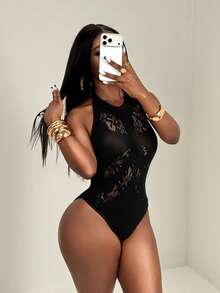 BamGleam 女士纯色露背吊带性感连体衣 - 黑色 - 查看 1