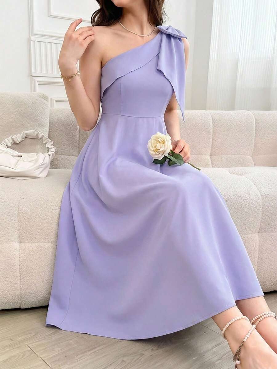 SHEIN Đầm dài màu tím trơn, trễ vai, thanh lịch, thời trang, quyến rũ, gợi cảm, phù hợp cho tiệc sinh nhật, bữa tối, sự kiện buổi tối, giải trí và thư giãn. - Màu tím - Xem 1