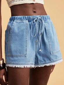 Travachic 女士抽绳腰带口袋毛边下摆休闲宽松牛仔短裤 - 淺色水洗藍 - 查看 5