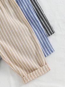 SHEIN 3件套男女宝宝通用服装，男宝宝休闲可爱百搭条纹缎带装饰松紧腰裤套装 - 彩色 - 查看 7