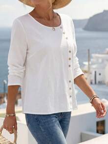 EMERY ROSE 纯色装饰纽扣衬衫，度假休闲 - 白色 - 查看 4