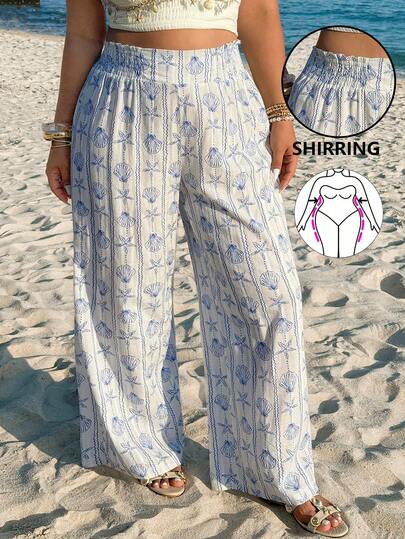 GalTyme Plus Size Casual Shell & Starfish Print Pants,For Daily Commute,Date, Commute, Party,Fall /Autumn/Winter/Summer,Christmas,New Year,Thanksgiving,Party,Wedding,Beach,Graduati,Chic,Elegant,Casual,Going Out,Date,Appointment,Commute,Shining,Valentine's Day,Elegant ,Vacation,Casual,Y2k,Sexy,Beach
