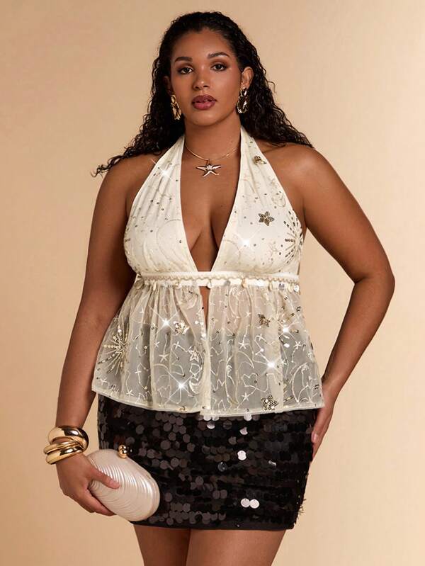 SHEIN BAE Plus Size Women Deep V-Neck Halter Backless Sexy Versatile Blouse For Dates & Outings