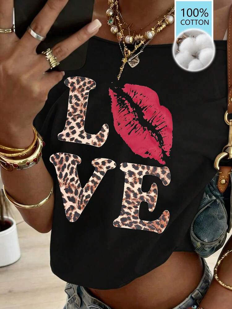 Loose Casual Leopard Print T-Shirt, Suitable For Spring, Summer, Valentine's Day, Beach, Resort Wear Graphic Tees Women