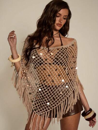 SHEIN BAE Sexy Hollow Out Fashionable Versatile Slimming Multi-Wear Sequins Tassel Shawl, Suitable For Beach Vacation,New For 2026, Beach Vacation Style. Women's Vacation Wear, Summer Holiday Outfit, Elegant Dress, Holiday, Vacation. This Khaki Shimmering Knit Openwork Shawl Top Is Perfect For Beach Vacations, Dates, Casual Outings, Music Festivals, And All Kinds Of Holiday Activities. Elegant And Sexy, This Khaki Shimmering Shawl Top Is Ideal For Beach Vacations, Seaside Trips, And Beach Dates.
