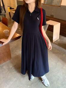 DAZY 女款休閒對比色刺繡百褶中長洋裝，夏季婚禮賓客禮服，可愛陽光裙上衣 - 藏蓝色 - 查看 7