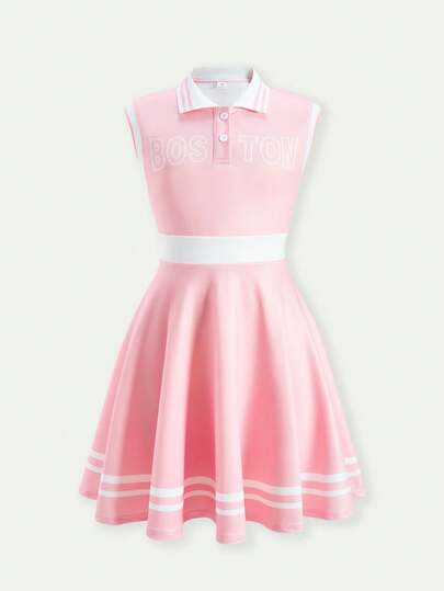 Casuvi Kids 1pc Tween GirlsSleeveless Dress, Pink Collar, Digital Printing Striped Letter A-Line Dress, Suitable For Gatherings, City Outings, Outdoor Activities