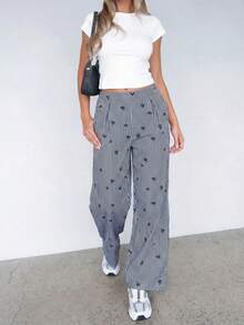 SHEIN Essnce Plus Size Women's Spring And Summer Fashion Casual Loose Comfortable Daily Basic Cool Pink Striped Bow Elastic Waist Wide Leg Pants,Y2k Clothes,Baggy Pants,Street Wear,Curve Cute Clothes,Summer Bottoms,Flowy Pants,Brunch Outfits For Women - Black and White - View 7