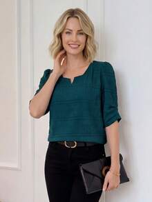 Miaspire 女士纯色V领褶皱衬衫，适合夏季、度假、外出休闲穿着，春夏皆宜 - 墨綠色 - 查看 3