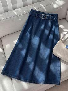 GlowEve 女士休闲牛仔裙，腰部采用镂空和搭扣设计 - 藍色 - 查看 2