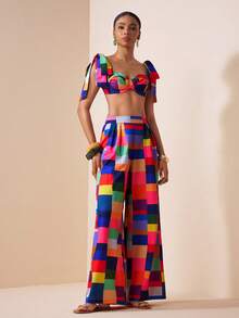 Zivah 2026春夏新款波西米亚度假风彩色格纹印花吊带背心+高腰阔腿裤两件套。适合度假、旅行、西部风情、海滩、游牧生活、约会、情人节、婚礼季、海滩、节日、日常出行、派对、购物、机场穿搭和早午餐穿搭。女士多色两件套夏季套装，夏季两件套，节日两件套。 - 彩色 - 查看 6