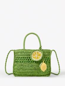 Viva Strut 女士手提包，草编包，柠檬吊坠，水果吊坠，时尚，优雅，简约，个性化，百搭，适合海滩、度假、假日、夏季、海边、沙滩派对 - 綠色 - 查看 1