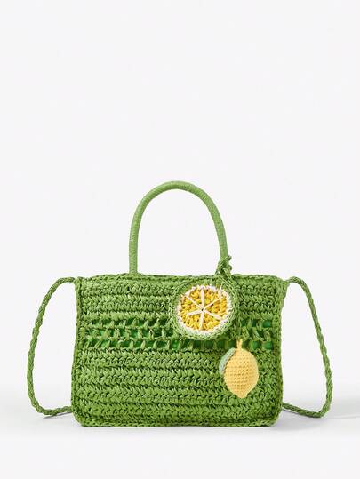Viva Strut 女士手提包，草编包，柠檬吊坠，水果吊坠，时尚，优雅，简约，个性化，百搭，适合海滩、度假、假日、夏季、海边、沙滩派对