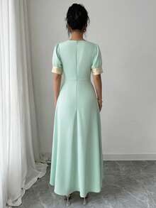 Elenzga 优雅提花拼接抽绳系领连衣裙（女款） - 綠色 - 查看 2