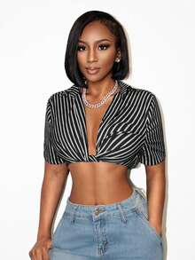 BamGleam 女士条纹扭结多功能通勤衬衫 - 黑色 - 查看 7