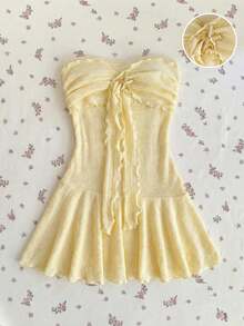 Sweetra Đầm ngắn dệt kim màu vàng ánh kim họa tiết sao biển, viền bèo nhún, eo thắt, thích hợp cho nữ mùa xuân/hè, đi nghỉ dưỡng, đi biển, phong cách boho, dự tiệc thanh lịch, hẹn hò lãng mạn, đa năng. - Màu vàng - Xem 3