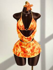 Zestiva 3pcs Women's Swimwear Set, Tie-Dye Print, Front Metal Ring Halter Top, Matching Ruffle Skirt, Summer - Orange - View 1
